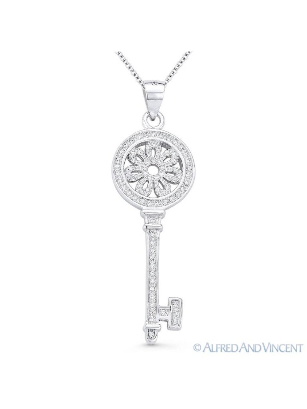 Circle & Flower Bow Key Charm Pendant & Chain Necklace in .925 Sterling Silver